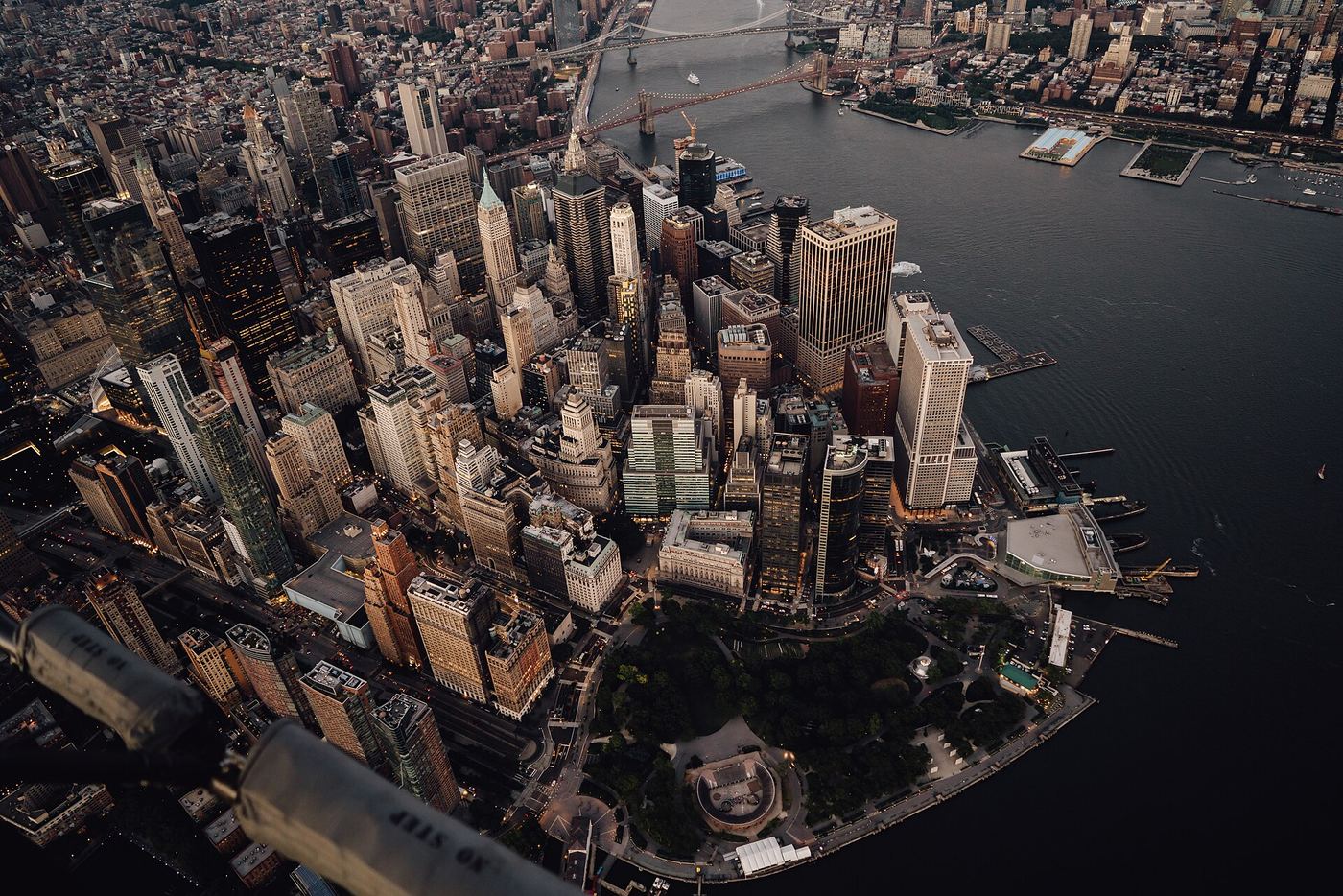 Lower Manhattan and Battery Park from the air at dusk