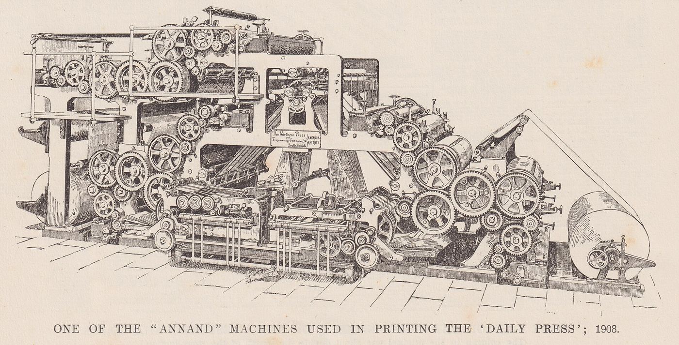 An engraving of a newspaper printing press from 1908