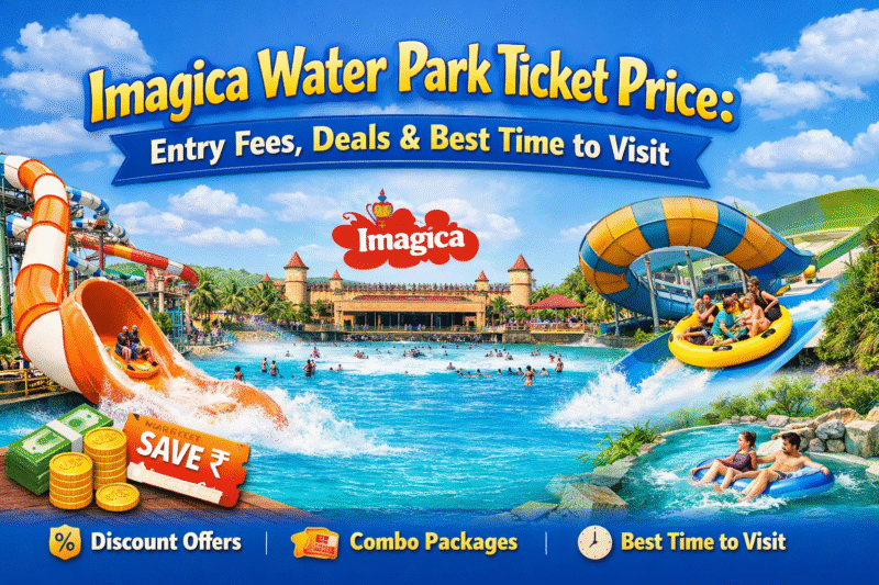 water slides, wave pool, lazy river, and family raft ride with text highlighting entry fees, discount offers, combo packages, and best time to visit.